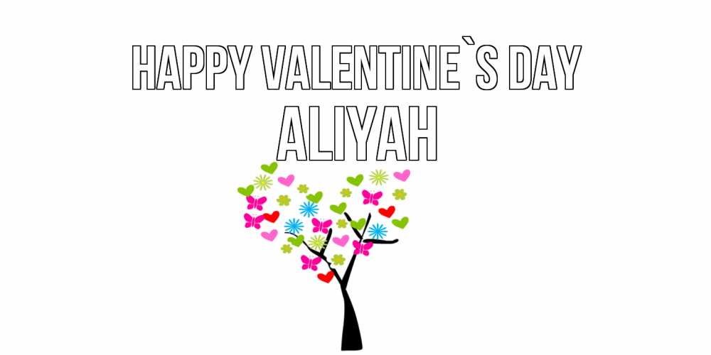 Greetings card с именем, Aliyah Happy Valentine`s Day дерево из бабочке и сердечек Greetings with text for free download 